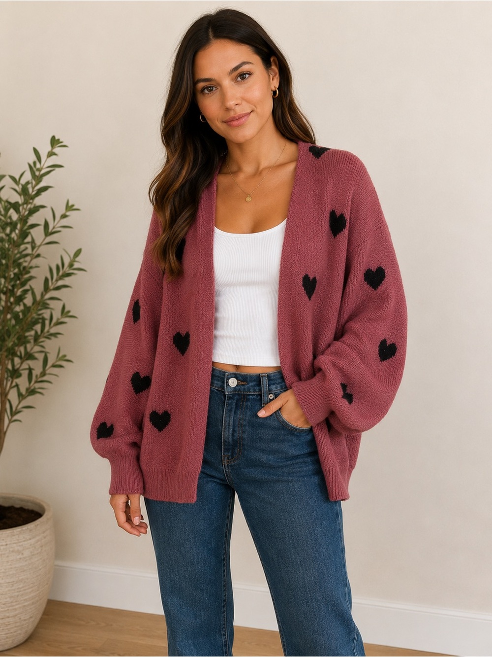 Heart Print Chunky Knit Cardigan Cozy Oversized Balloon Sleeve Sweater M